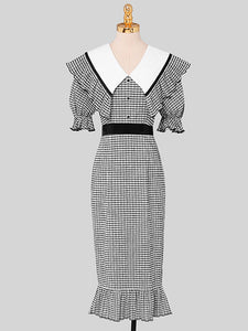 Black And White Plaid Mermaid Dress With Large Lapel Puff Sleeves