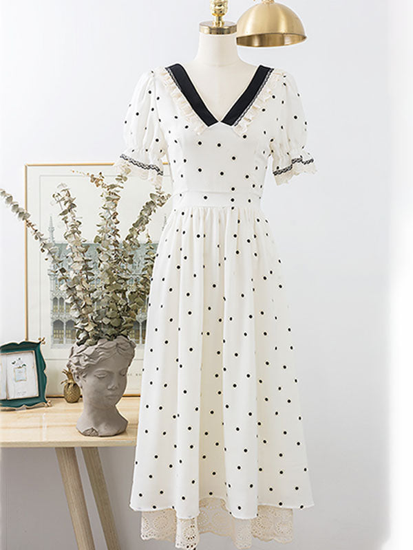 Lace V Neck Polka Dots Puff Sleeve Vintage Dress – Jolly Vintage