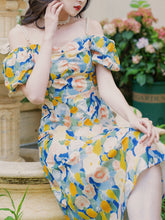 Load image into Gallery viewer, Yellow And Blue Floral Print Off Shoulder 1950S Dress