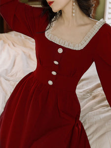 Red Pearl Lace Long Sleeve Square Collar Swing Party Dress