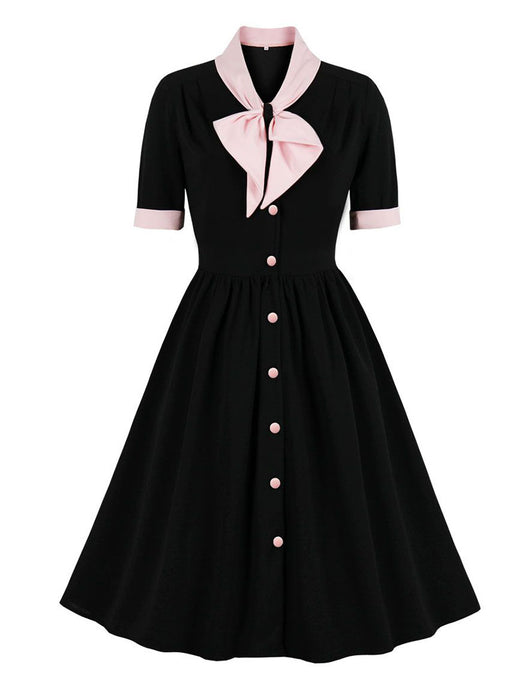 1950S Pink Bowknot Collar Vintage Styel Black Dress