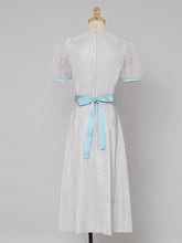 Load image into Gallery viewer, Baby Blue Sweet Heart Collar Puff Sleeve Pearl 50S Vintage Swing Dress