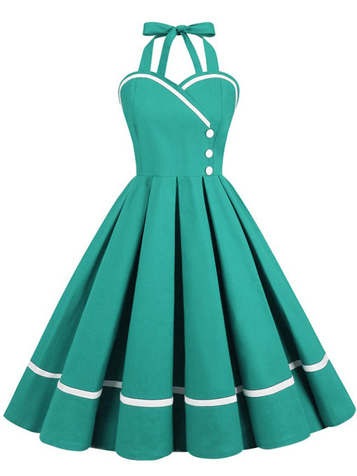 Solid Color Halter Backless 1950S Vintage Swing Dress