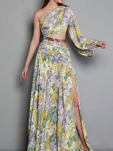 Floarl Print One Shoulder Hollow High Slit Maxi Dress