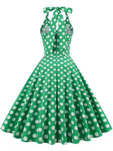 Green And White Polka Dots Pockets Vintage Halter 1950S Dress With Button