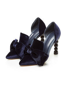 Big Bow Velvet Cylindrical Heel Pointed Toe Vinatge Shoes