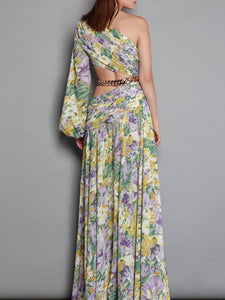 Floarl Print One Shoulder Hollow High Slit Maxi Dress