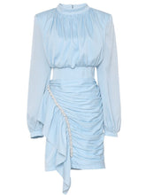 Load image into Gallery viewer, Blue Lantern Long Sleeve Crinkled Bodycon Satin Party Dress