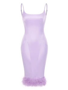 Purple Spaghetti Strap Satin Feather Hem Bodycon Dress Sexy Gown Party Dress