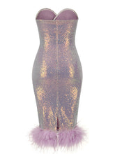 Load image into Gallery viewer, Purple Sweet Feather Hem Sequin Strapless Bodycon Sexy Gown Party Dress