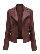 Load image into Gallery viewer, Women‘s Leather Jacket Weave Long Sleeve Winter Coat