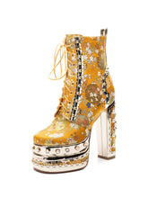 Load image into Gallery viewer, 15CM Luxury Embroidered Chunky High Heel Platform Bootie Vintage Shoes