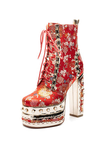 15CM Luxury Embroidered Chunky High Heel Platform Bootie Vintage Shoes