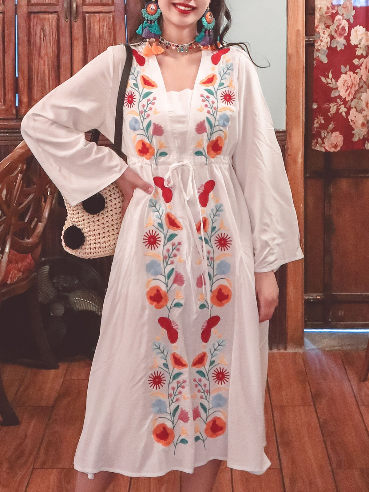 Women's Boho Dress Floral Printed Ruffle Deep V Neck Maxi Dress – Jolly  Vintage