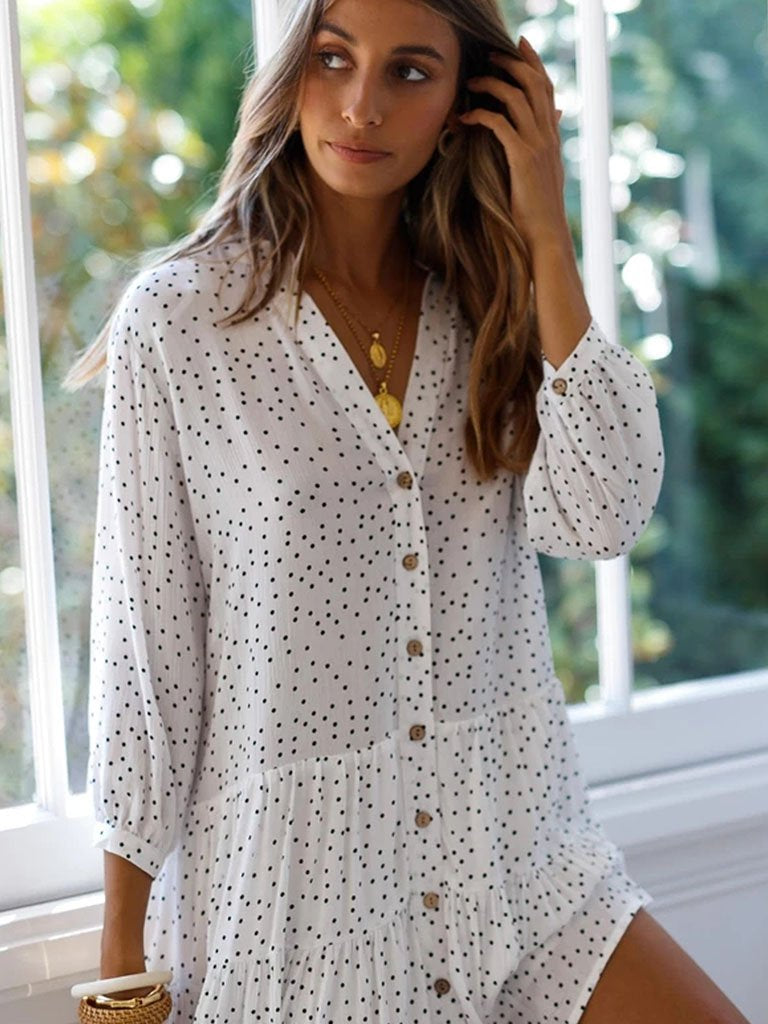 Women's White Polka Dots V Neck Loose Midi Length Dress