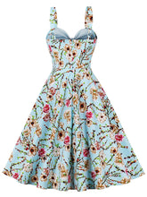 Load image into Gallery viewer, Blue Floral Print Spaghetti Strap 1950S Vintage Swing Dress