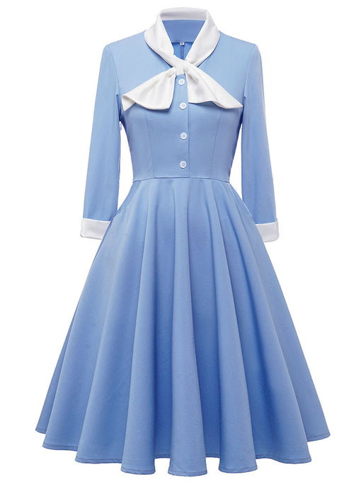 Big BowKnot Baby Blue 3/4 Sleeve 1950S Vintage Dress With Button