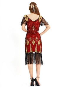 Red Gold 1920s V Neck Sequined Flapper Dres