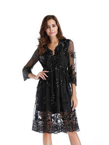 Deep V Sequin  Half Sleeve Party Dress