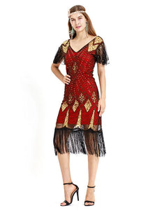 Red Gold 1920s V Neck Sequined Flapper Dres