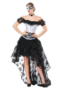 Gothic Costume Halloween Women Black Lace Short Sleeve Top Corset And Asymmetrical Skirt