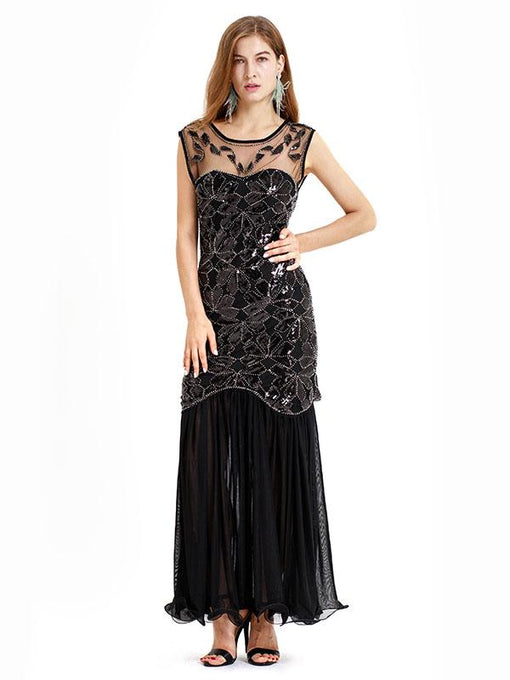 Black Gold 1920s Crew Neck Sequined Flapper Dres