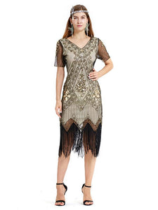 Red Gold 1920s V Neck Sequined Flapper Dres