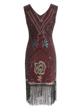Load image into Gallery viewer, Wine Red 1920s V Neck Sequined Flapper Dress