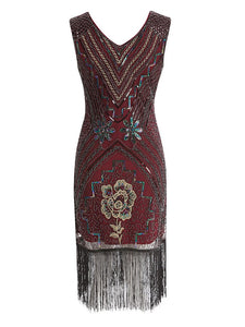 Wine Red 1920s V Neck Sequined Flapper Dress