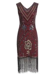Wine Red 1920s V Neck Sequined Flapper Dress