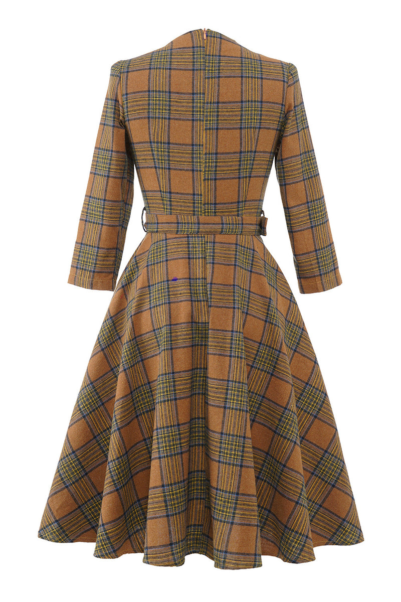 Brown Plaid BowKnot 3/4 Sleeve 1950S Vintage Dress With Button – Jolly ...