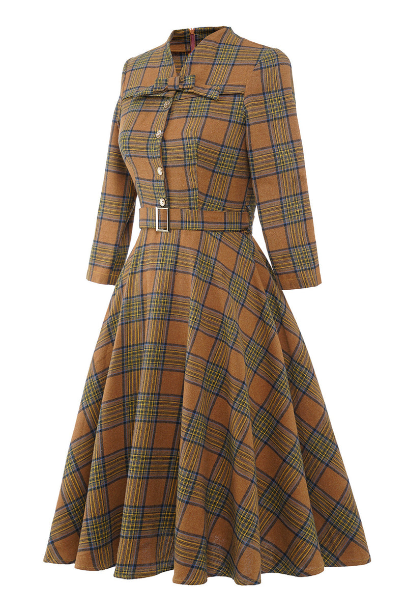 Brown Plaid BowKnot 3/4 Sleeve 1950S Vintage Dress With Button – Jolly ...