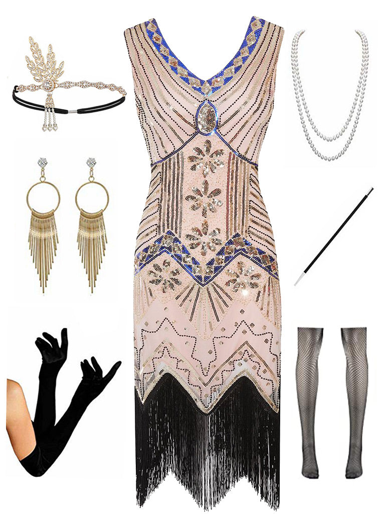 1920s Sequined Fringed Gatsby Flapper Dress Set – Jolly Vintage