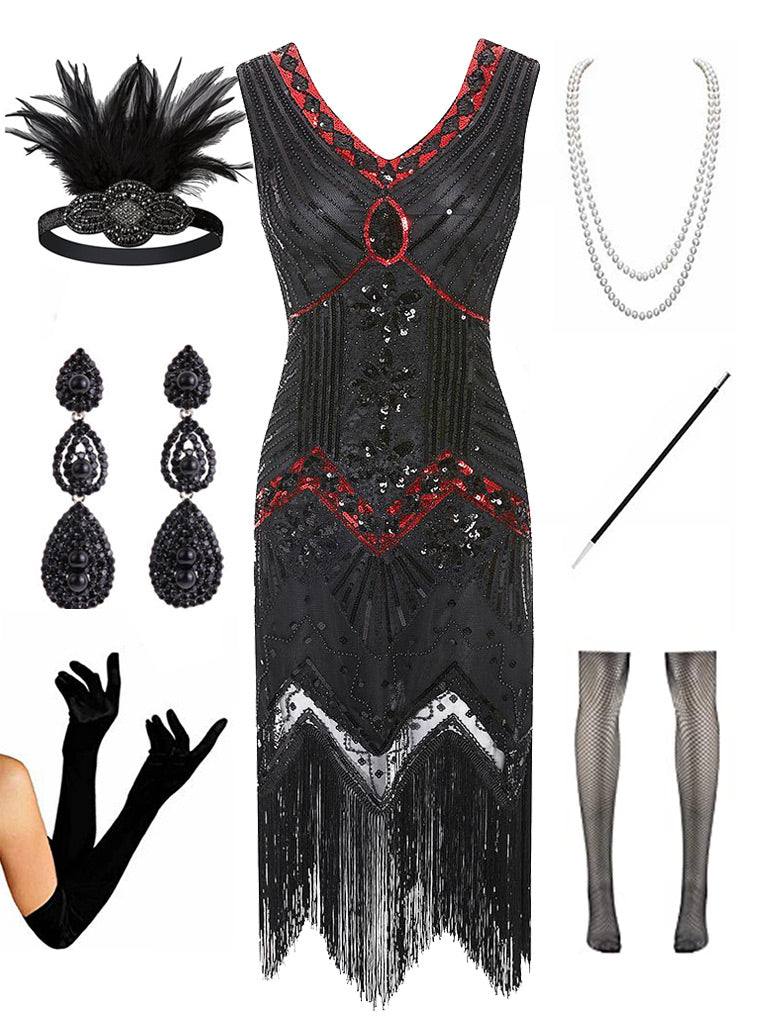1920s Sequined Fringed Gatsby Flapper Dress Set – Jolly Vintage